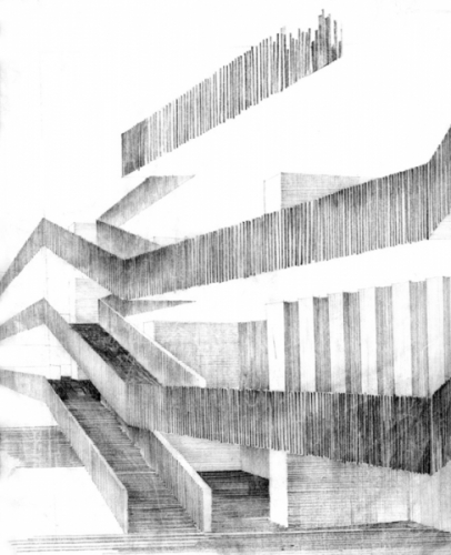 Operos ir baleto teatro vestibiulio eskizas (1968 m. projektas). Iš šeimos archyvo