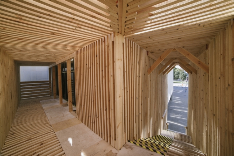 Medinių laiptų instaliacija – įėjimas į parodą, architektas Tomomi Hayashi. T. Tunnelo nuotrauka