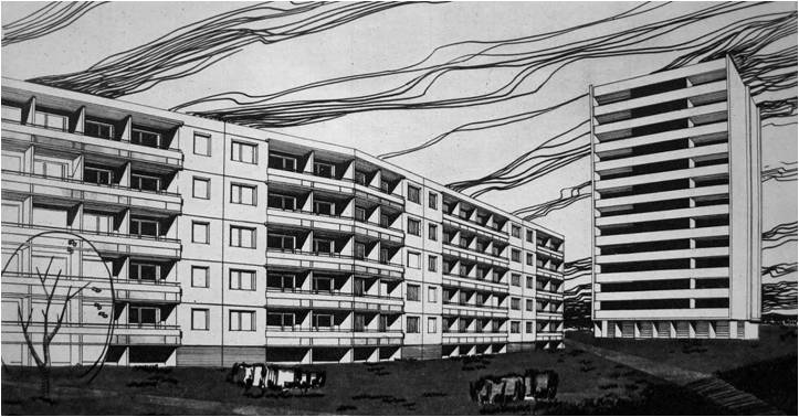 Eksperimentiniai 1-464-LI serijos namų projektai (archit. B. Krūminis, V. Sargelis, A. Umbrasas, inž. V. Zubrus, 1962), iš: Vilniaus namų statybos kombinatas, 1969