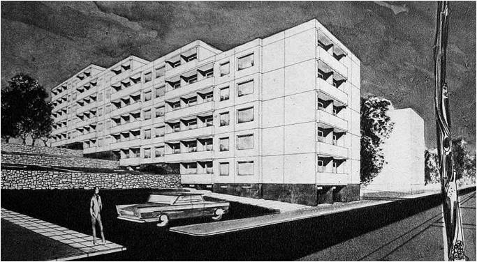 Eksperimentiniai 1-464-LI serijos namų projektai (archit. B. Krūminis, V. Sargelis, A. Umbrasas, inž. V. Zubrus, 1962), iš: Vilniaus namų statybos kombinatas, 1969