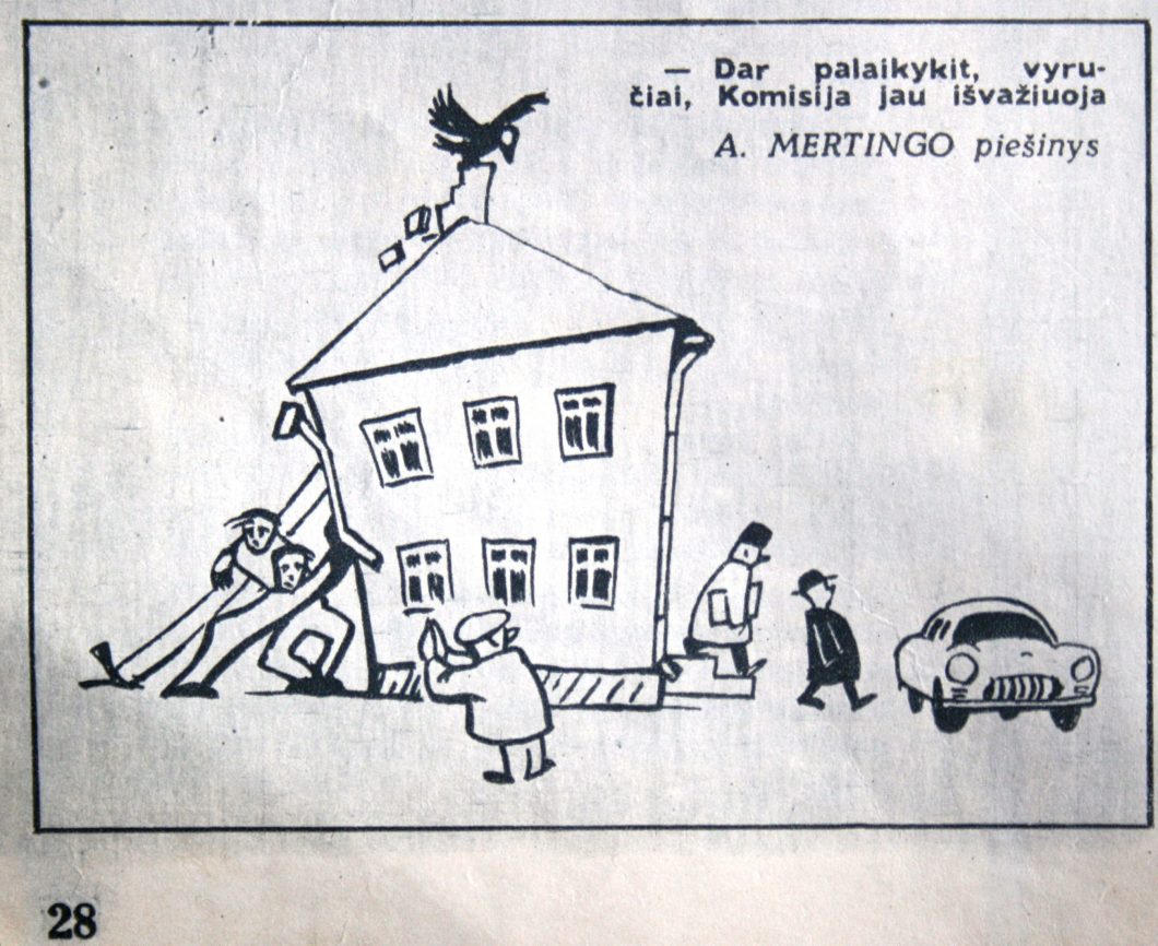Darbų priėmimo komisijos priiminėdavo ką tik begalėdavo. Proceso iliustraciją matome karikatūroje, Švyturys, 1960, Nr. 8, p. 28