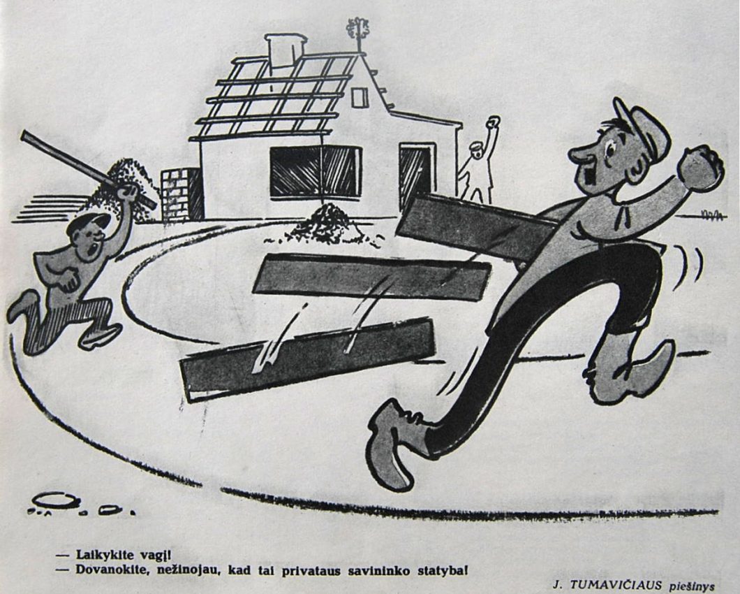 „Laikykit vagį! Na, dovanokit — nežinojau, kad tai privataus savininko statyba!“, Šluota, 1961, Nr. 6, p. 6