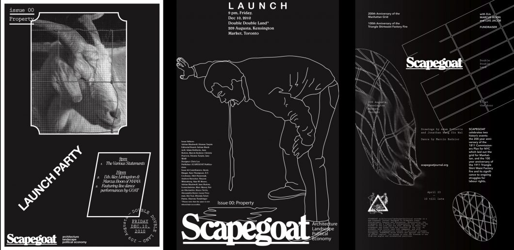 Scapegoat: Architecture/Landscape/Political Economy renginių plakatai. Chris Lee ir Adam Bobbette