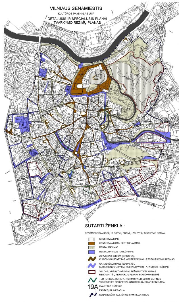 11. Senamiesčio aikščių ir gatvių erdvių, želdynų tvarkymo režimų planas, PRI.204-69.00-SP-B-TVR.2