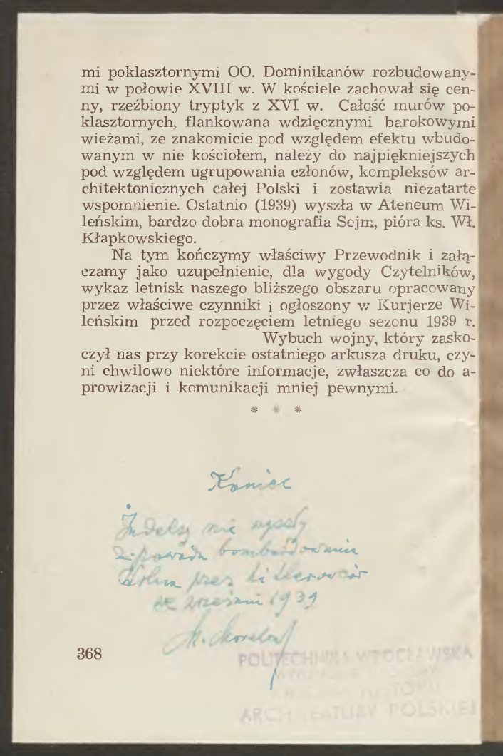 3. M. Morelowskio knygos „Zarysy sztuki wileńskiej z przewodnikiem po zabytkach między Niemnem a Dźwiną“ paskutinis puslapis. Įrašas autoriaus ranka, http://www.dbc.wroc.pl/dlibra/docmetadata?id=4993&from=publication