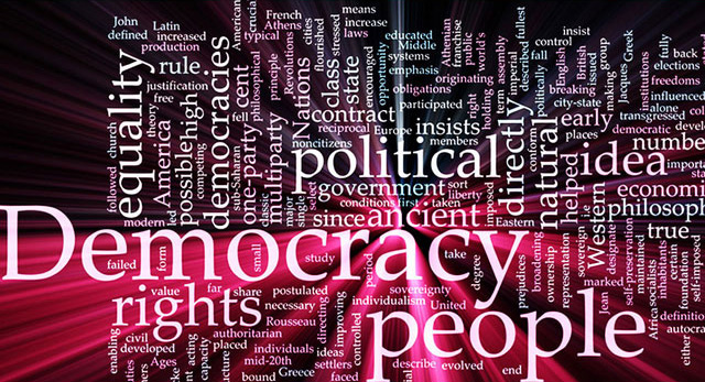 Word cloud concept illustration of democracy political glowing light effect PowerPoint Template. Šaltinis: http://www.crystalgraphics.com/