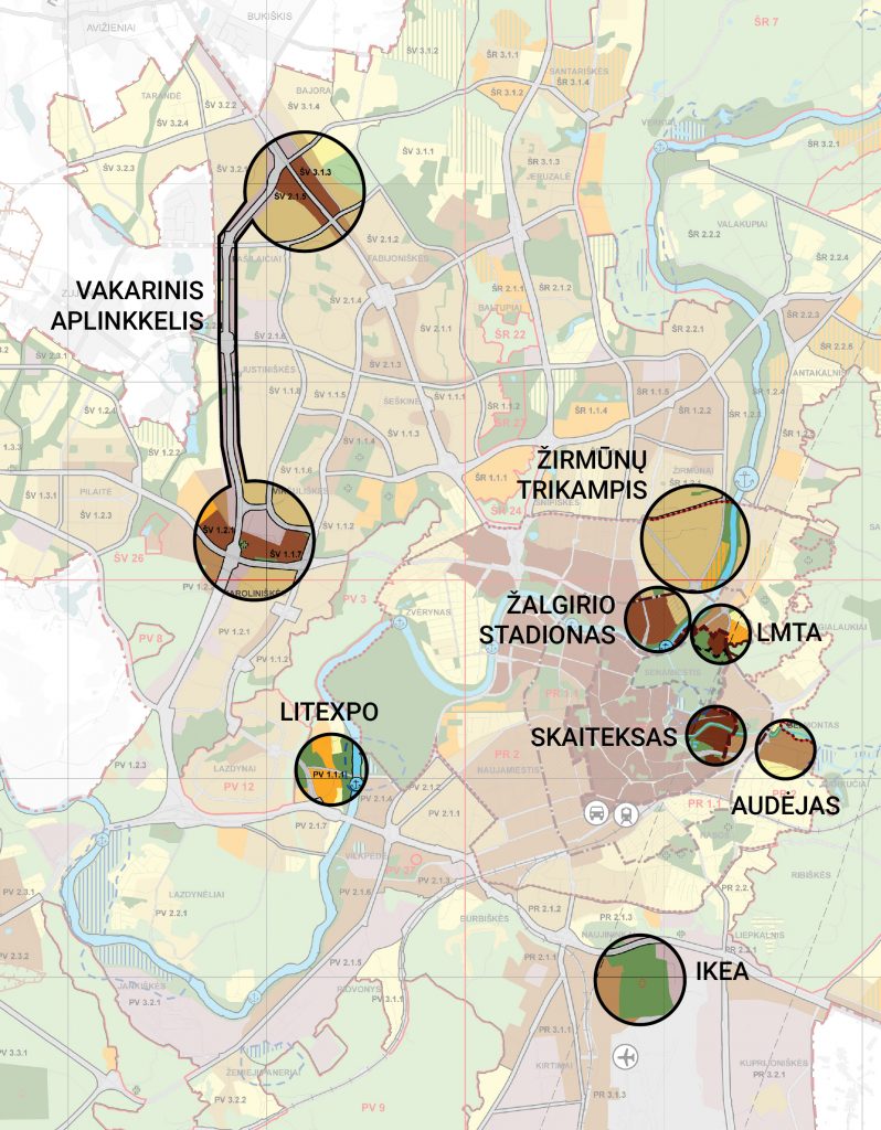 Zonos, minėtos pokalbyje su A. Blotniu, pažymetos ant Vilniaus bendrojo plano